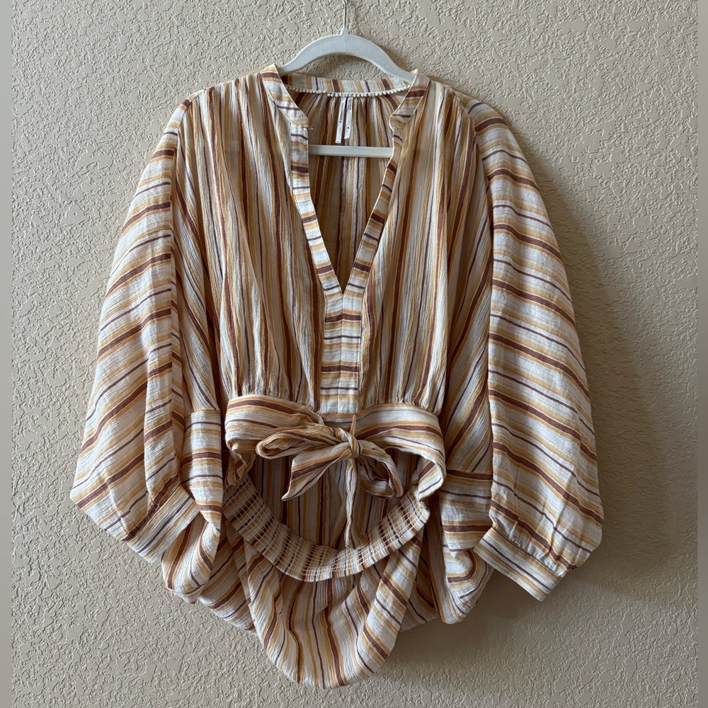 Anthropologie Striped V-Neck Tie-Waist Blouse in Cream & Tan